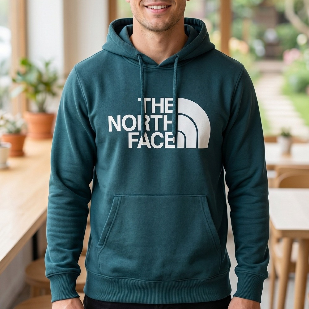The North Face Mens Half Dome Pullover Hoodie Dark Teal Blue Graphic Fleece L